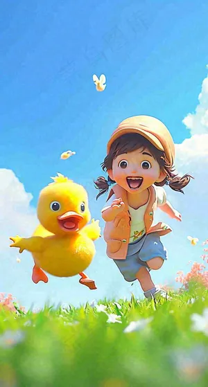 儿童节可爱鸭子奔跑，蓝天白云草地童真玩耍，清新插画