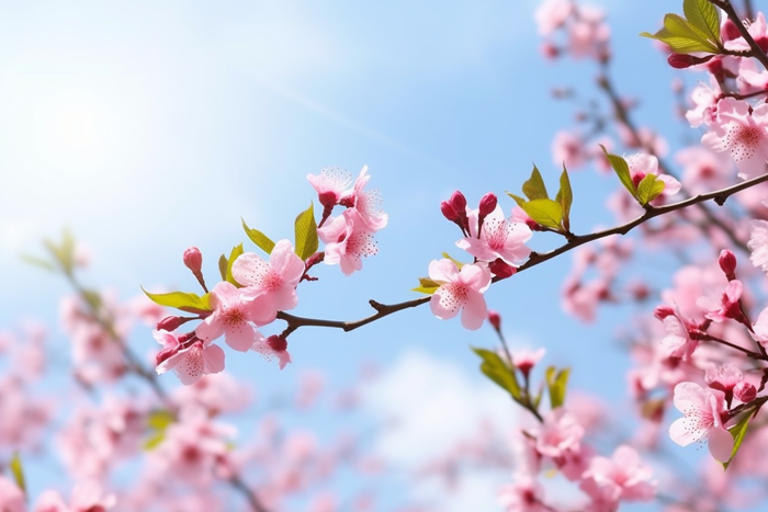 春天阳光明媚的树枝上开满了粉红色的花朵摄影图(5376x3584)