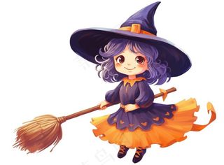 万圣节女巫蝙蝠南瓜卡通插画免抠