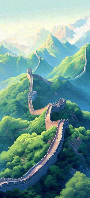 宏伟万里长城青山绿植，中国风建筑插画