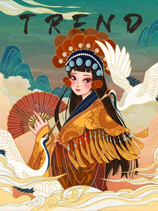 手绘中国风国潮京剧戏曲人物插画古风国粹花旦ai矢量ps设计素材图