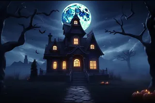 万圣节夜晚城堡蝙蝠恐怖插画背景