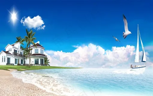 海景别墅风景画韩式自然背景 海景别墅风景画韩式自然背景