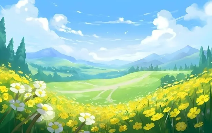 蓝天白云草坪草原人物黄色花朵手绘插画海报素材背景(5504x3456)