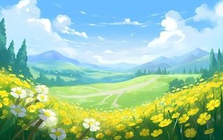 蓝天白云草坪草原人物黄色花朵手绘插画海报素材背景