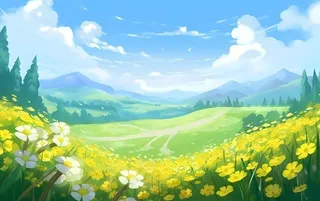 蓝天白云草坪草原人物黄色花朵手绘插画海报素材背景