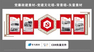 党建文化墙党建素材CDR预览图红色背景党徽金色古风图形