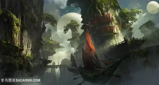 空中红帆飞船和近距离的月亮中国风CG原画绘画图片