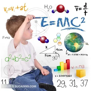 拿着铅笔的儿童和数理化公式知识图片素材