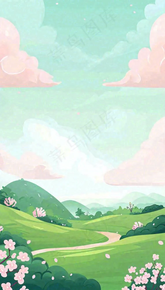 春天卡通手绘绿色的山景和开满粉红色画的树，春游，踏青，春分(832x1456)