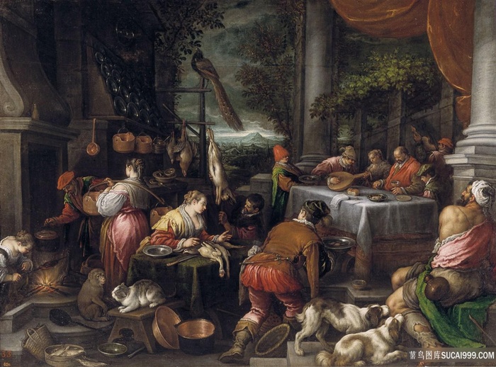 室内聚餐人员油画