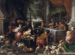 室内聚餐人员油画