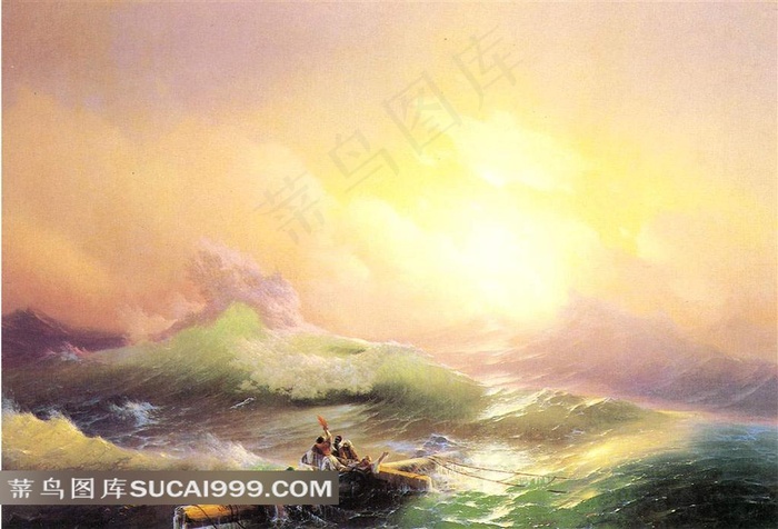 海浪中沉没的帆船油画