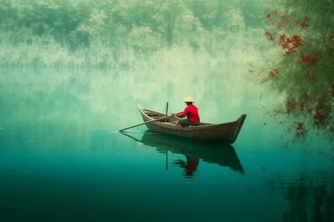 湖面划船人物碧绿背景