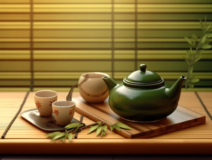 茶壶茶杯绿色背景(3696x2784)