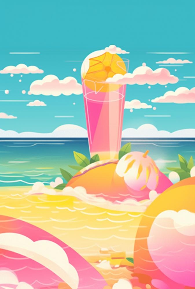 夏日沙滩饮料天空插画背景(896x1328)
