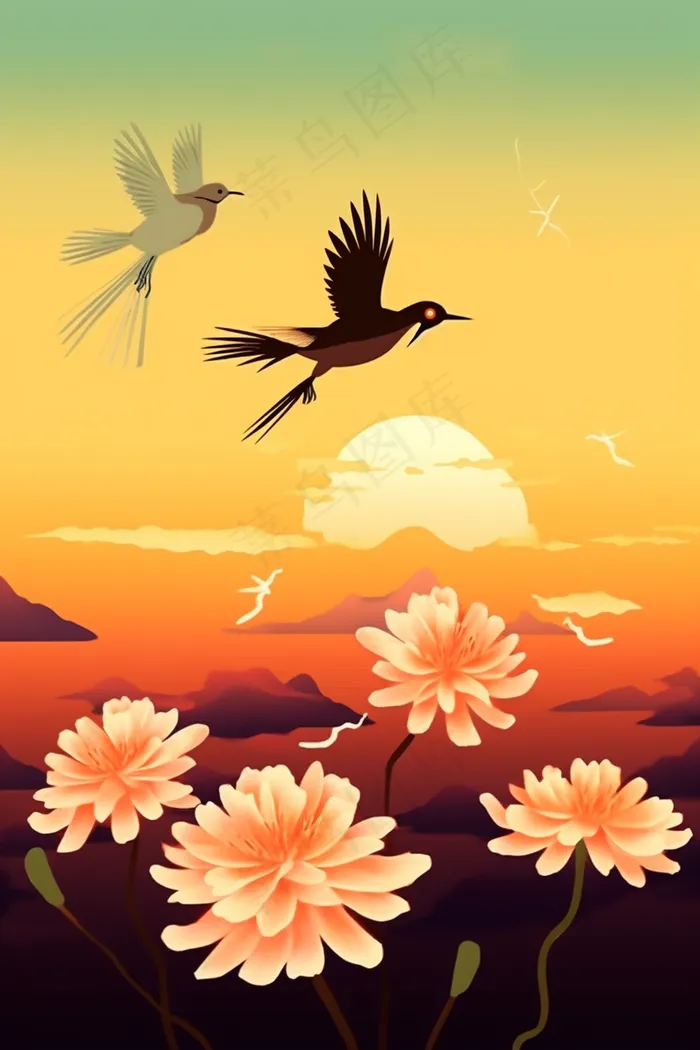秋季鲜花盛开菊花仙鹤鸟重阳素材插画背景(x)