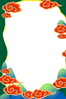 国潮手绘古风海浪花朵祥云装饰边框相框免抠