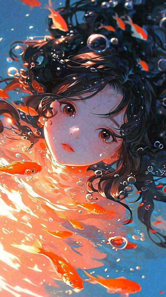 阳光水底光照游泳长发美人，鱼类金鱼，水气泡(816x1456)