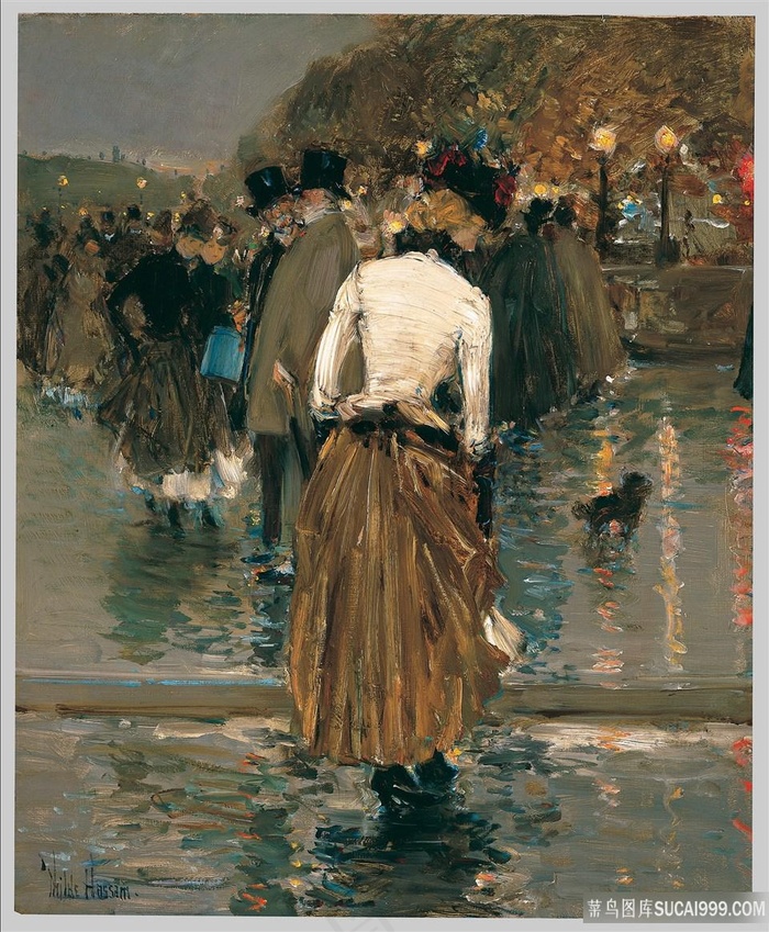 街道人物唯美风景画油画