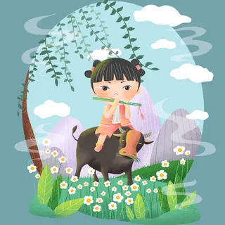 清明清明节卡通女娃娃吹笛子