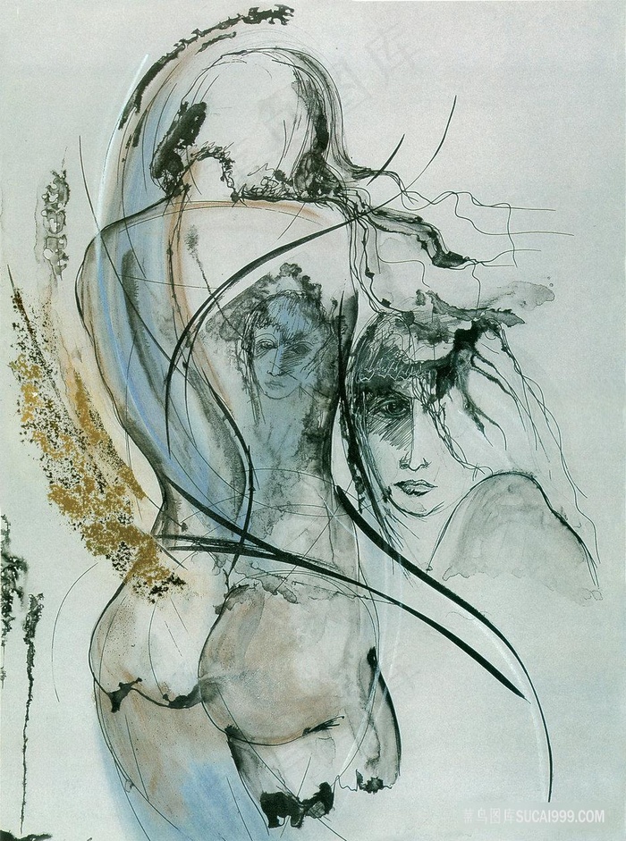 裸体男女艺术水墨插画