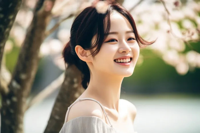 春天开满花的树下赏花的女生摄影图(4032x2688)