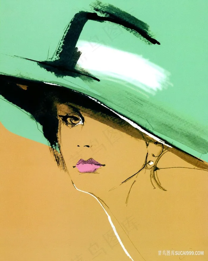 唯美水彩戴帽子女性插画