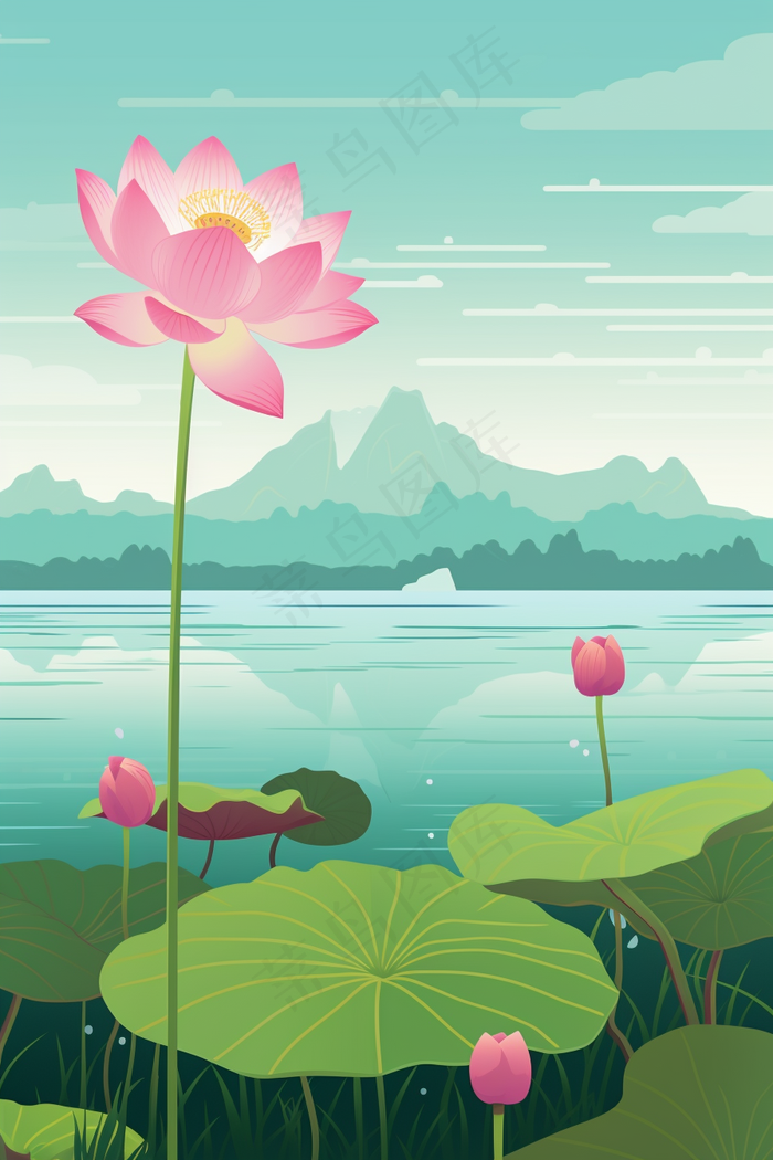 荷花莲花荷叶盛开卡通插画(2688x4032)