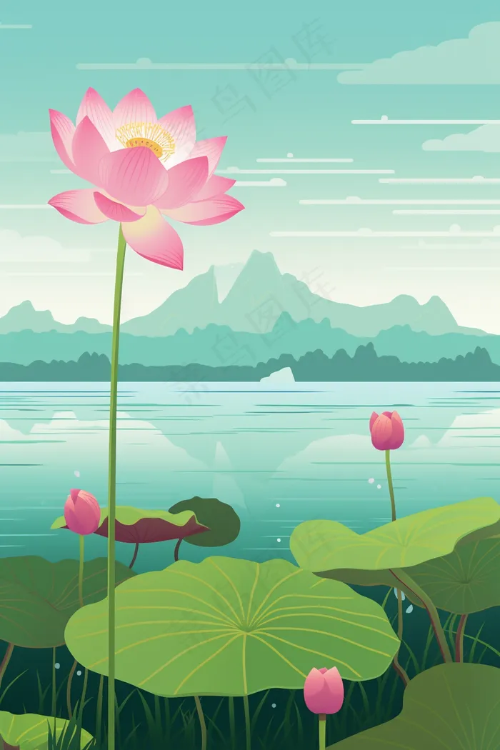 荷花莲花荷叶盛开卡通插画(2688x4032)
