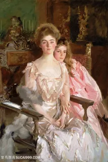 夫人(gretchen osgood)和她的女儿油画图片素材