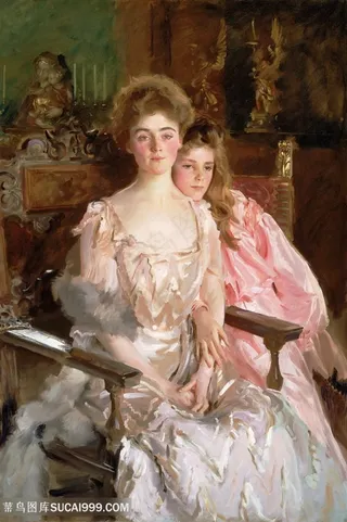 夫人(gretchen osgood)和她的女儿油画图片素材
