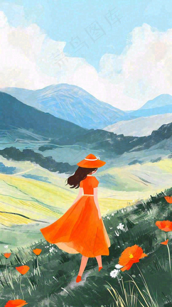 春天山脉草坪花海上穿裙子的女孩油画手绘插画，清新浪漫，踏青春游(816x1456)