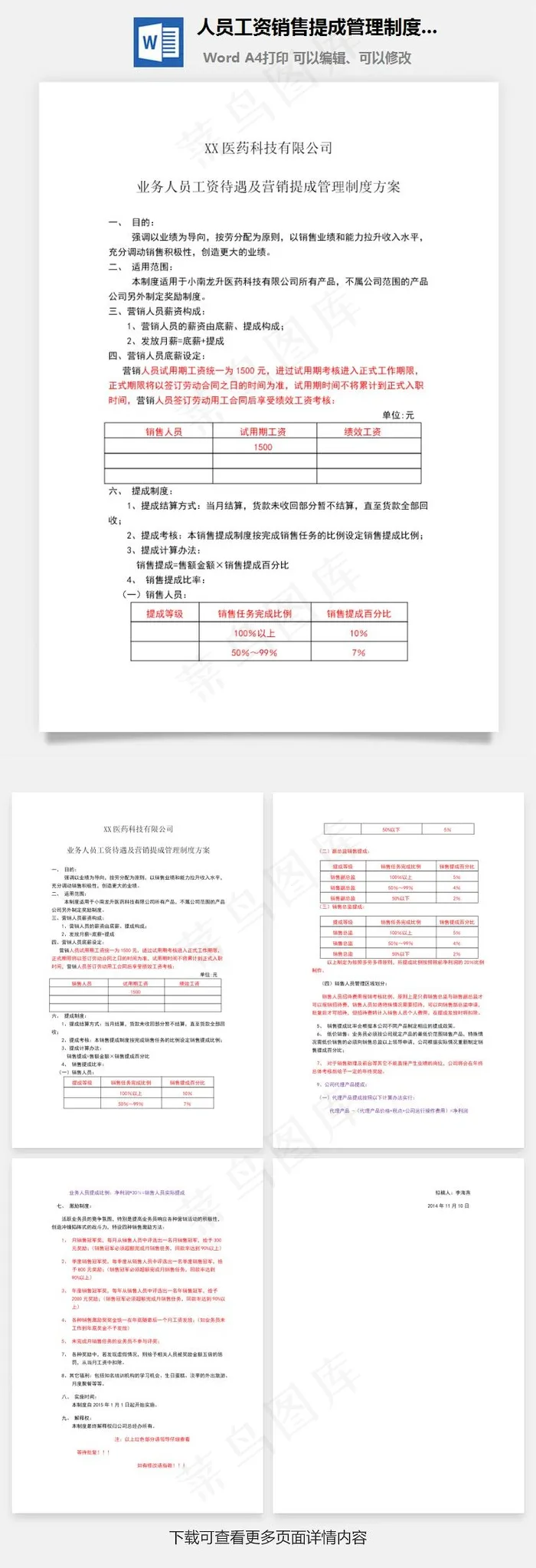 人员工资销售提成管理制度方案Word文档