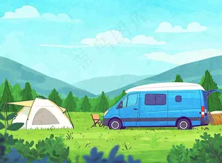 春天夏日清新草坪房车旅行露营玩耍手绘插画