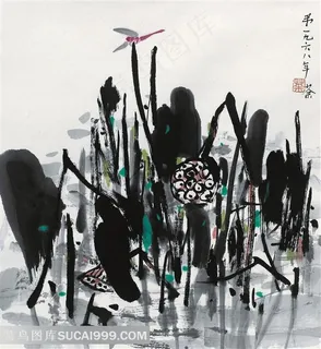 吴冠中水墨莲花中式挂画