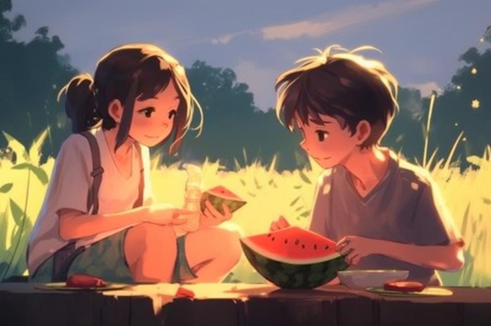 夏日卡通插画儿童吃西瓜动漫风背景(1344x896)