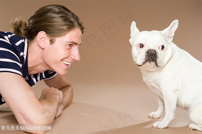 高清帅哥与可爱斗牛犬狗狗图片