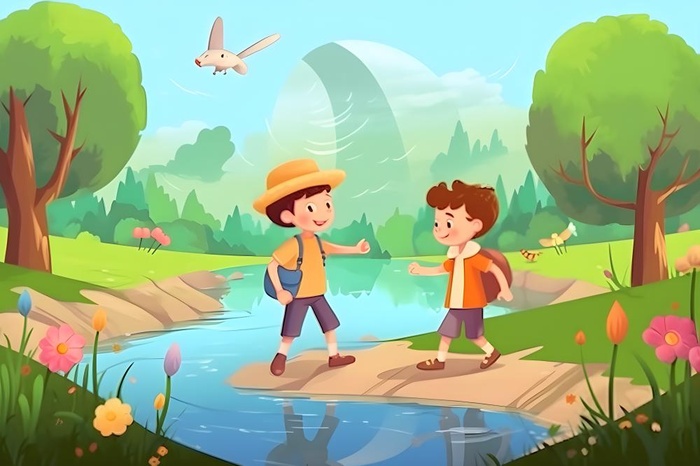 儿童孩子们大自然草原森林游玩卡通背景