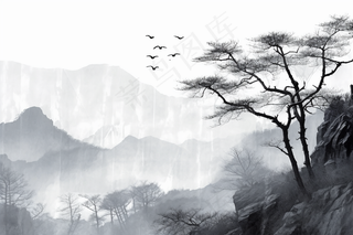 水墨画山水画松树黑白画