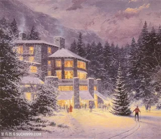 唯美雪景建筑松树风景画油画装饰画