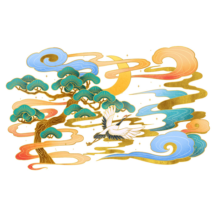 中国风国潮仙鹤山水插画手绘元素场景PSD设计素材psd模版下载