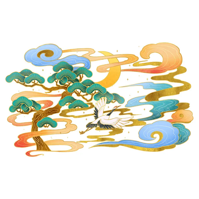 中国风国潮仙鹤山水插画手绘元素场景PSD设计素材psd模版下载