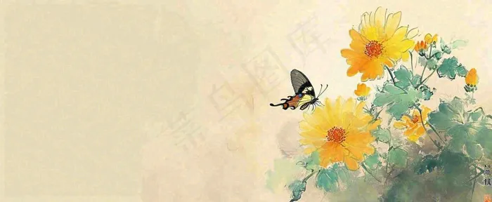 温馨纹理橙色花朵鲜花蝴蝶意境唯美，中国风(1712x704)