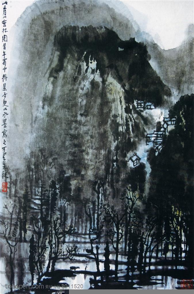 国画名家作品-李可染的清山密林图