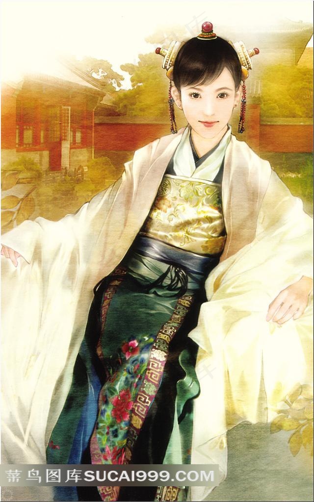 德珍手绘古典院落中坐着的美人