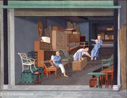 古代仓库里集市贸易场景绘画图片