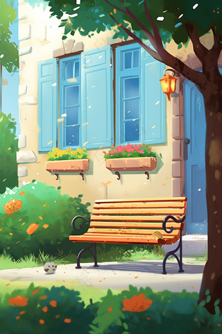 门前长椅花园卡通手绘插画背景