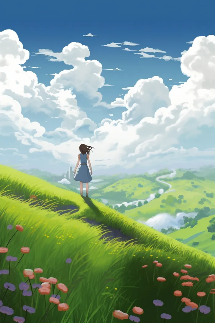 夏日天空女孩站在山上眺望远方草丛小花绿色卡通插画素材(x)