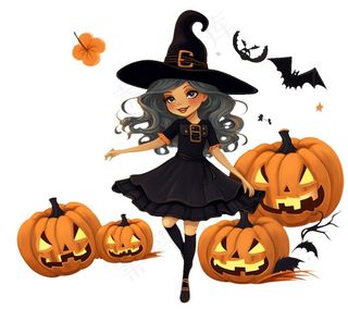 万圣节女巫蝙蝠南瓜卡通插画免抠